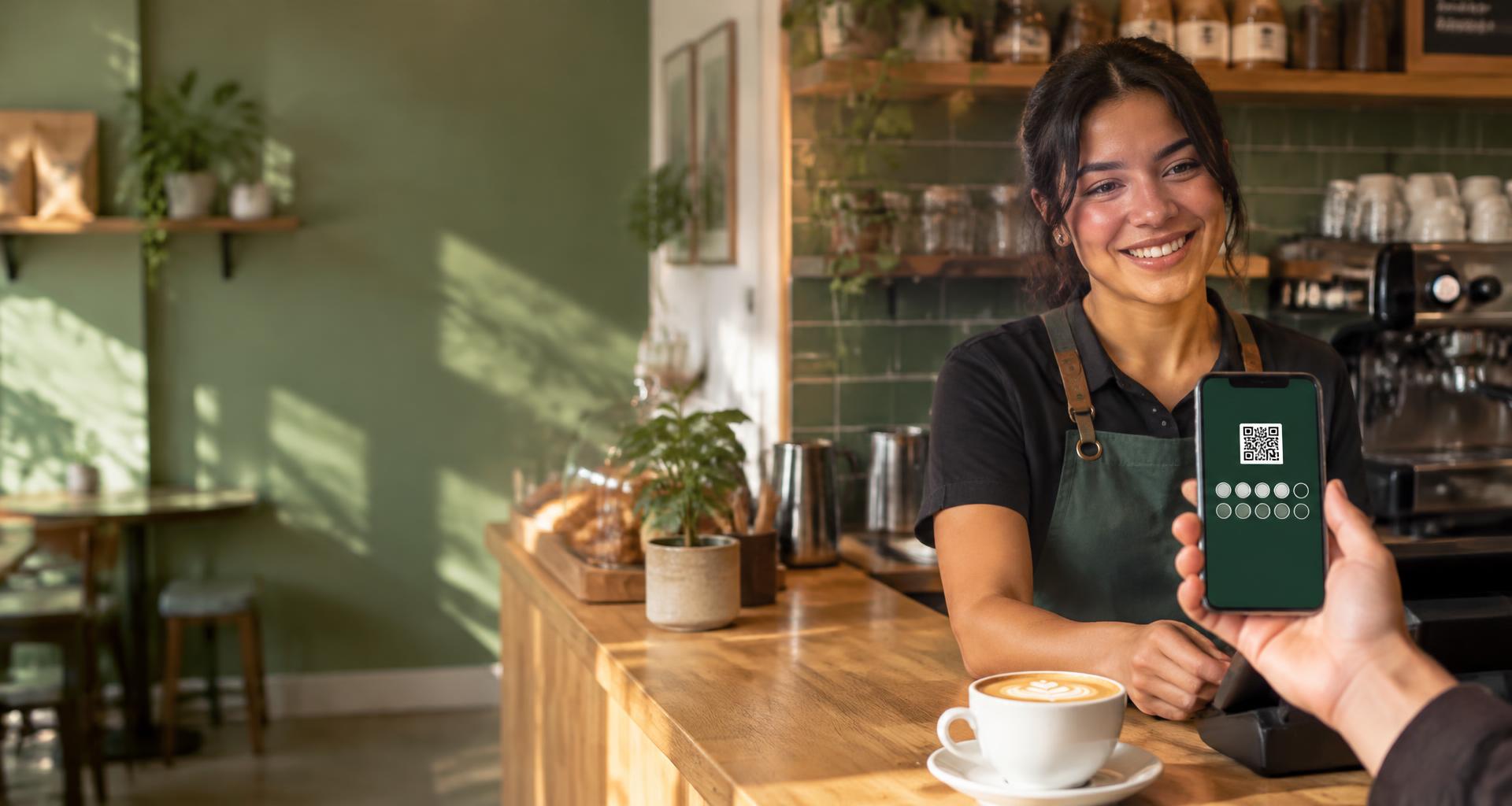 Una clienta muestra su tarjeta digital en la caja de una cafetería